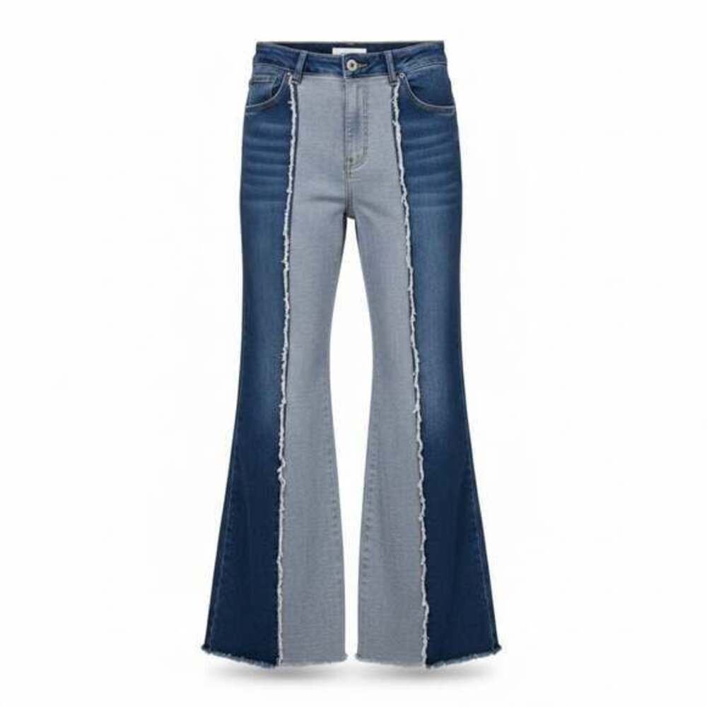 Tatienne Women's Two-Tone Patchwork Flare Denim Jeans with Raw Hem Detail 10